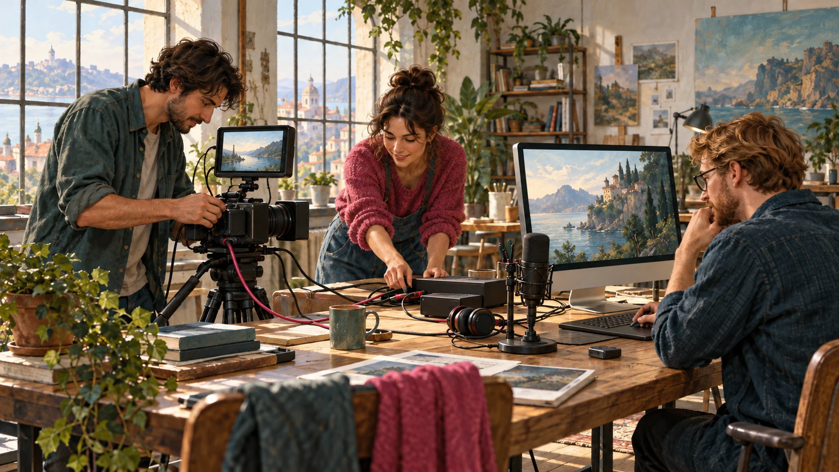 A creative team works around one shared production table, connecting video, image and recording equipment to complete a project together.