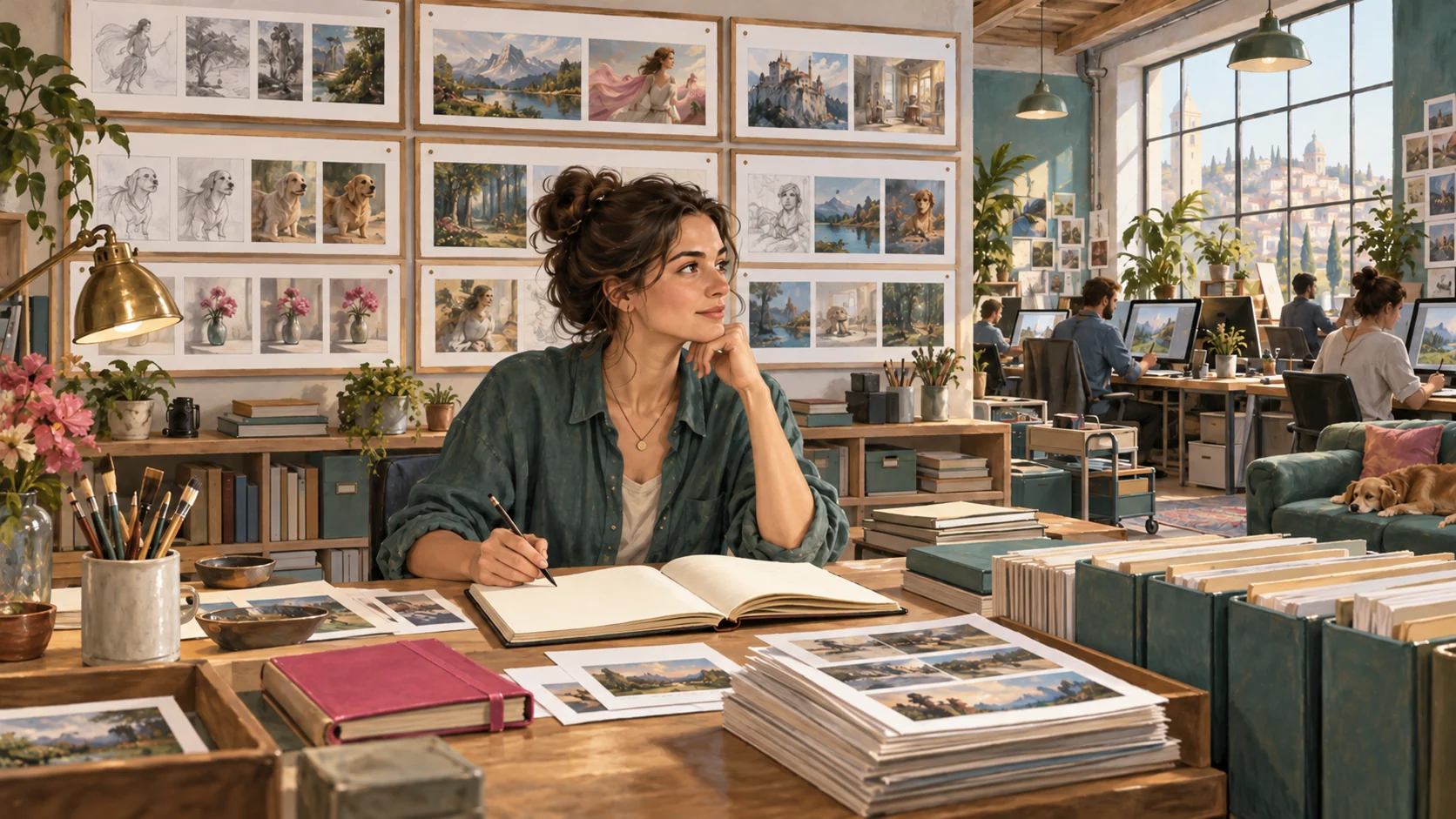 A producer reviews creative work and project progress in an organized coordination room, with archived materials and planning ledgers on the desk.
